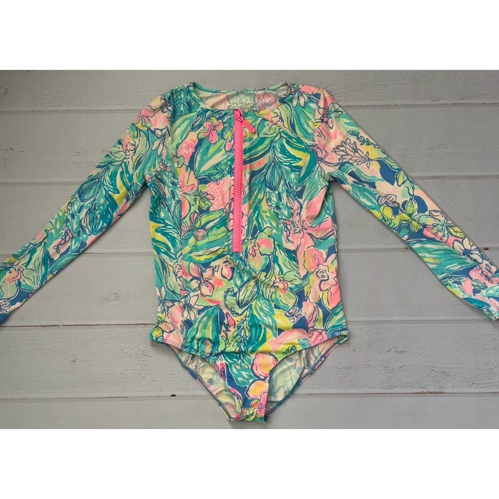 Lilly Pulitzer Girls Long Sleeve Rashguard Swim Shirt One Piece, Zip Up, Size XL